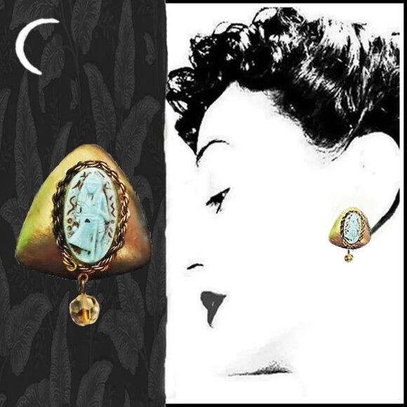 Vintage Egyptian Clip Earrings  Crystal Dangles Odd Unique Clipons OOAK - Picture 1 of 9